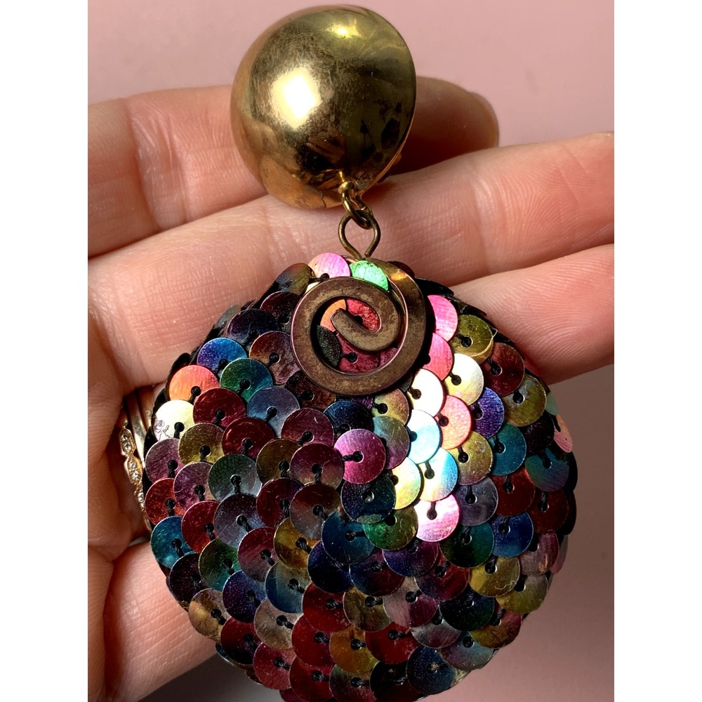Vintage 90s Earrings Statement Womens Dangle Clip On Sequin Colorful Retro - Picture 6 of 12